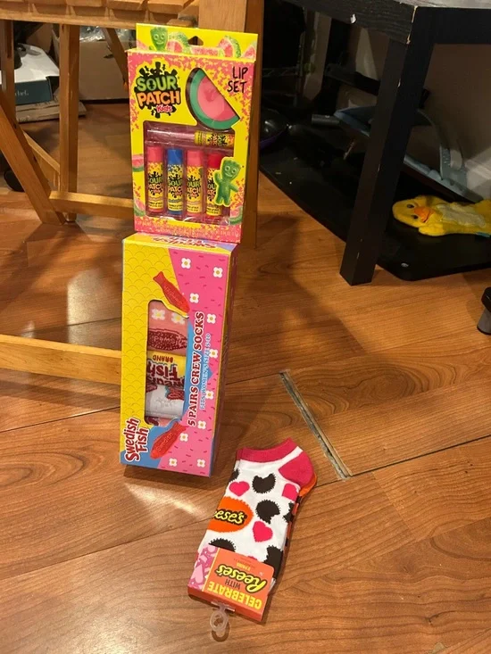 Sour Patch Kids Lip Set & Snack-Themed Crew Socks - Pink, Yellow, White - Picture 1 of 1